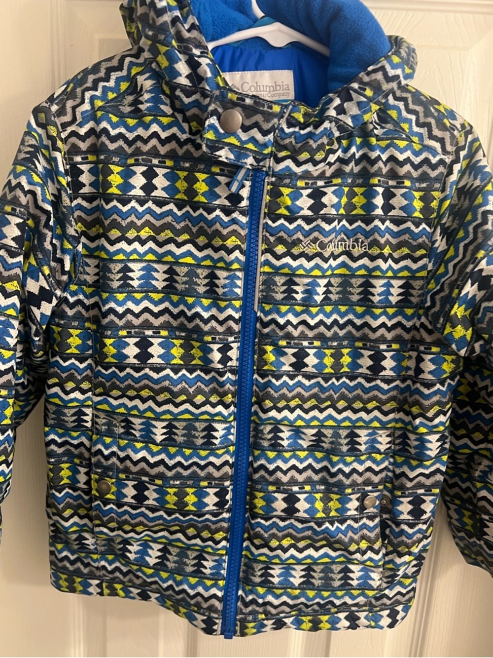 Columbia Multicolor Geometric Hooded Puffer Jacket - Blue, Navy, Lime